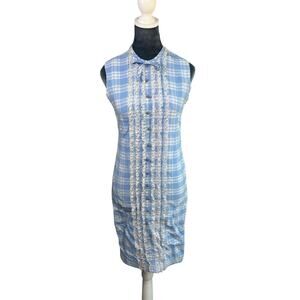 Blue Plaid Sleeveless Dress- Twee buttons ruffles small vintage custom made bow